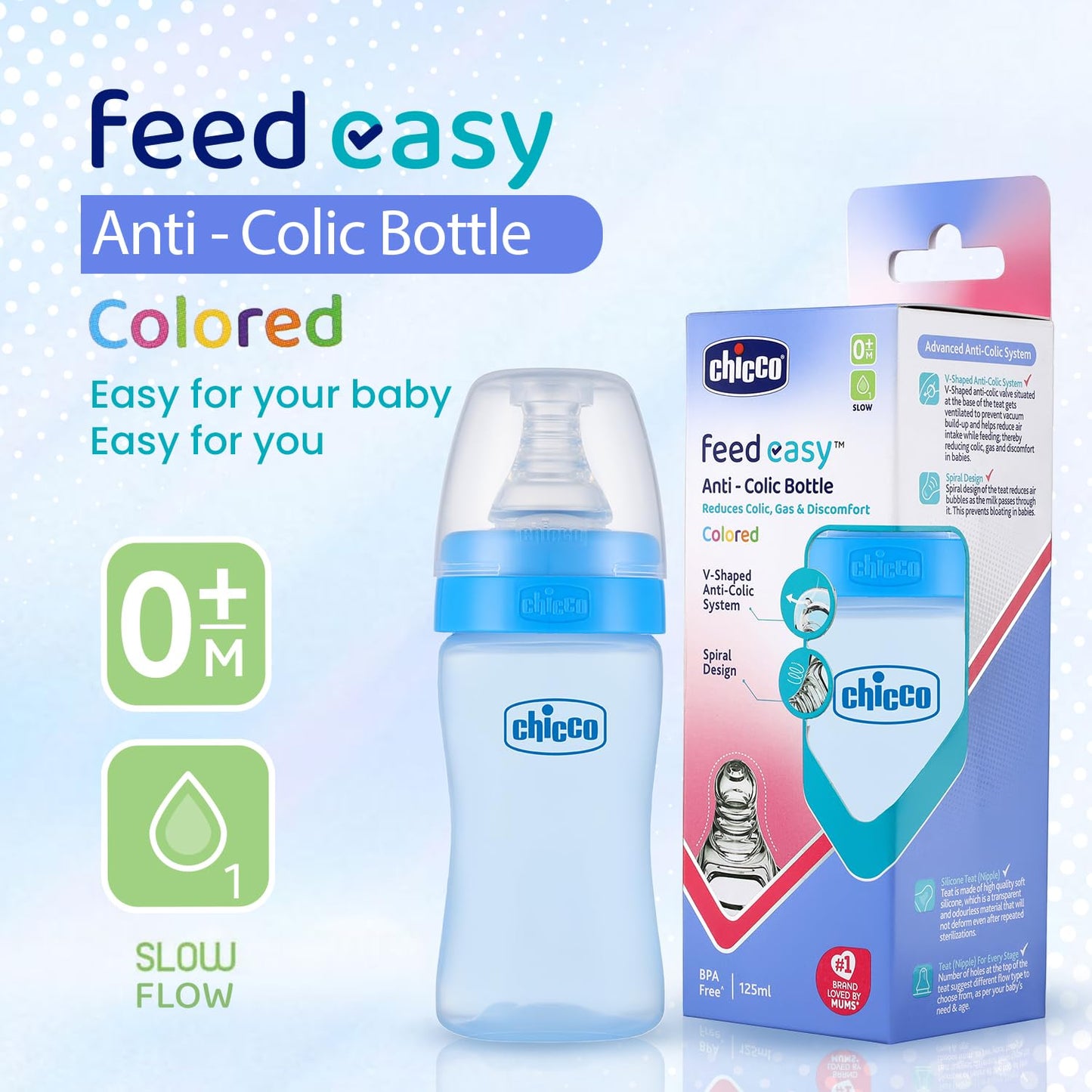 Chicco Feed Easy Milk Feeding Plastic Bottle for Babies & Toddlers, BPA-Free, Slow Flow, 0m+ (125ml)
