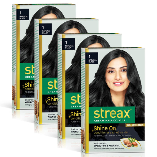 Streax Cream Hair Color for Unisex, 50ml - 1 Natural Black (Pack of 4)