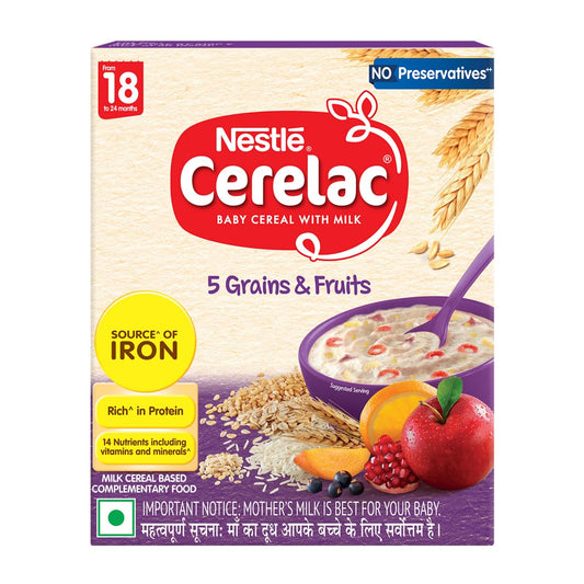 CERELAC Baby Food Cereal | No Preservatives | 5 Grains & Fruits for 18 to 24 Months Baby | Source of Iron & Protein for Babies | Instant Cereal | 300g