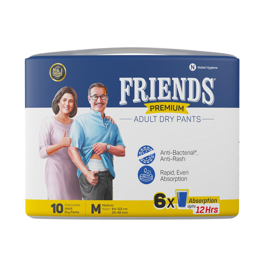 Friends Premium Adult Diaper M Size Pants | 10 Count (Medium) | Waist 25 – 48 inch |12 Hrs Protection | Leakproof | Quick & Even Absorption | Unisex| Wetness Indicator | Odour Lock | Superior Softness | Elastic Waist & Anti-Bacterial Absorbent Core