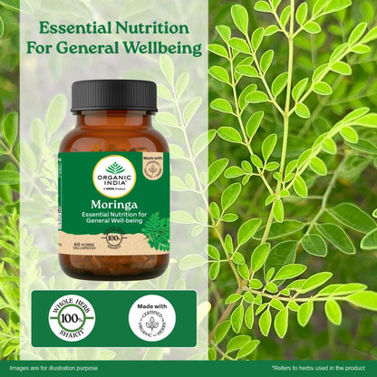 A TATA Product - Organic India Moringa Capsules - 60 Veg Caps, Essential Nutrition Superfood, Helps Naturally Boost Energy Level, Improves Stamina, Rich In Vitamins & Minerals, GMP & NPOP Certified Organic