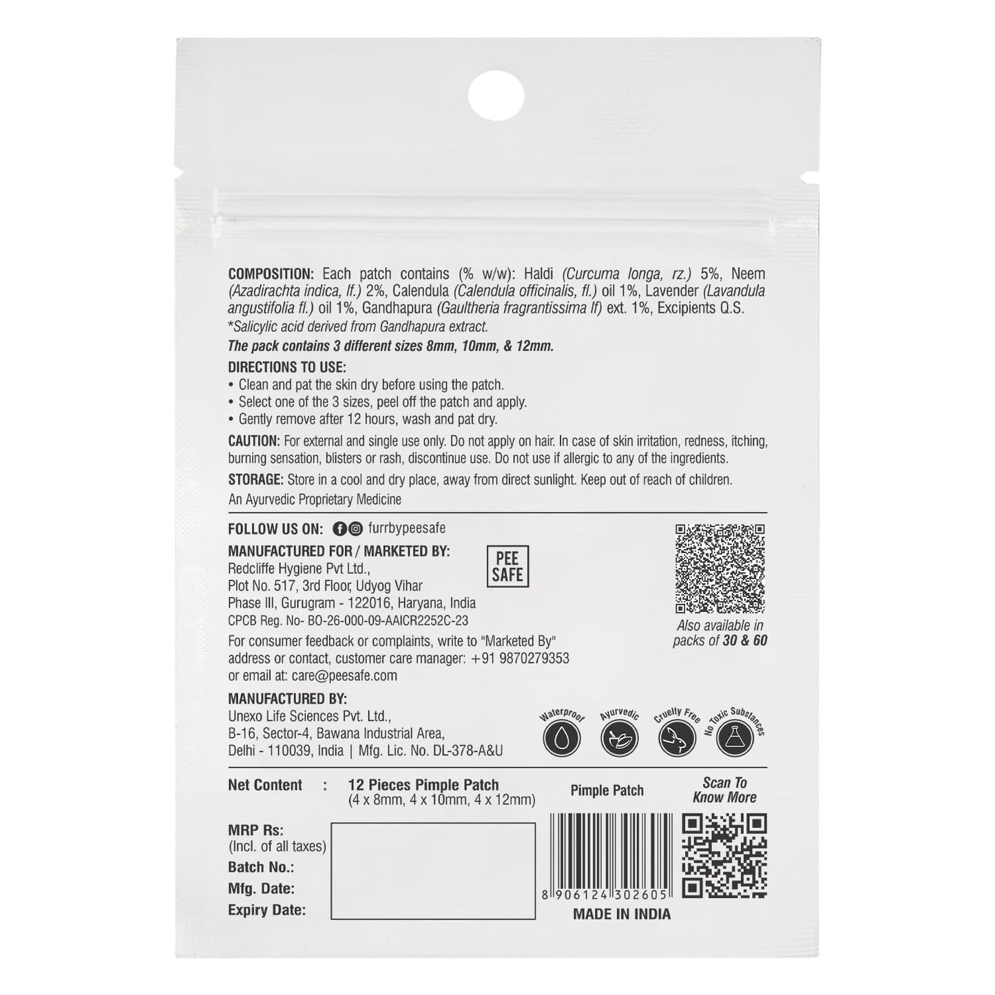 FURR by Pee Safe Acnes Patches For Pimples | 12 Hydrocolloid Acne Relief Patches