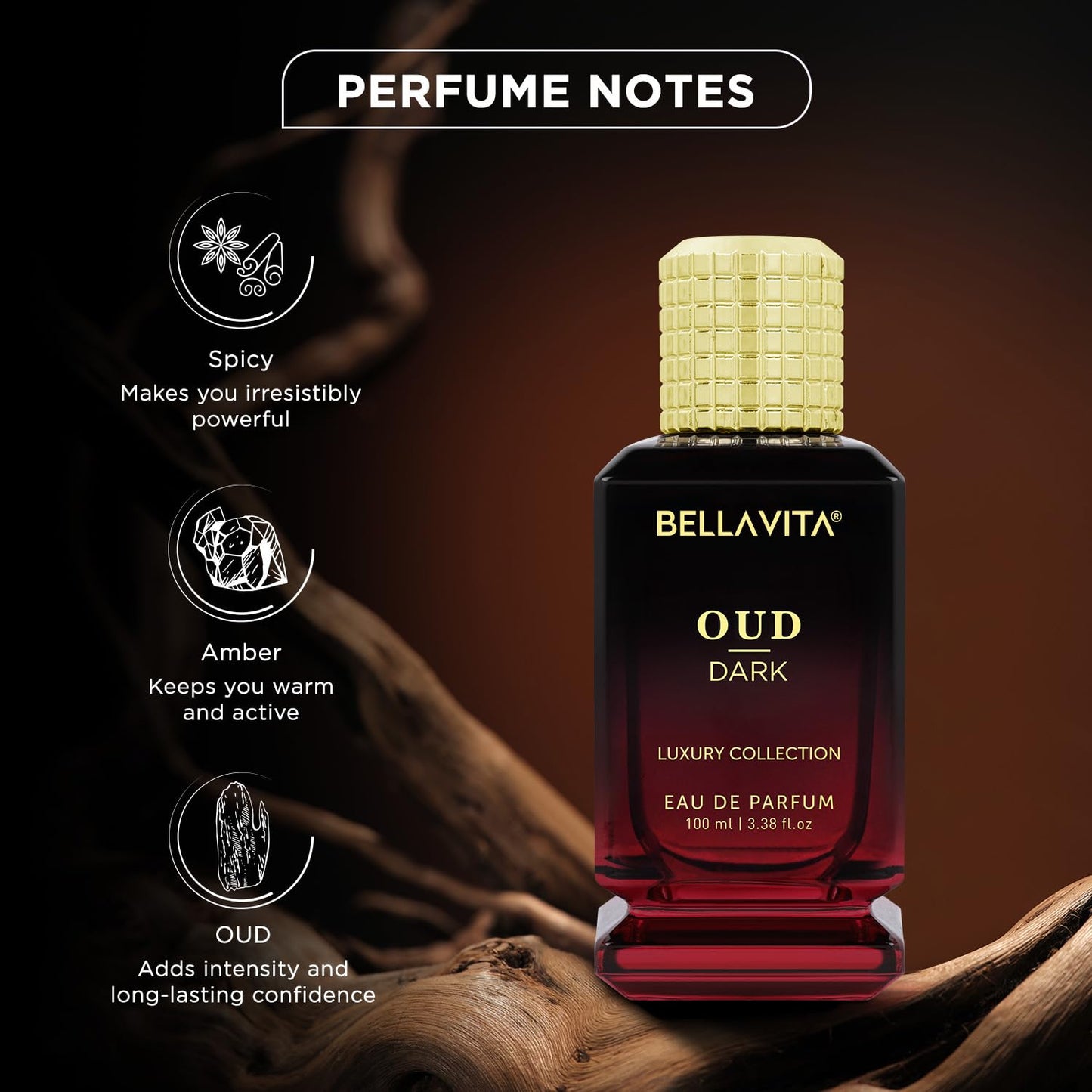Bella Vita Luxury Men Oud Dark Eau De Parfum Intense Liquid Perfume With Grapefruit, Orris, Vetiver |Woody, Musky Long Lasting Edp Fragrance Scent 100 Ml