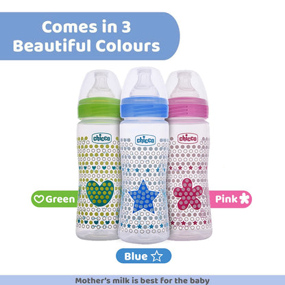 Chicco Well-Being 330 ml Feeding Plastic Bottle, Advanced Anti-Colic System, BPA Free, Hygienic Silicone Teat
