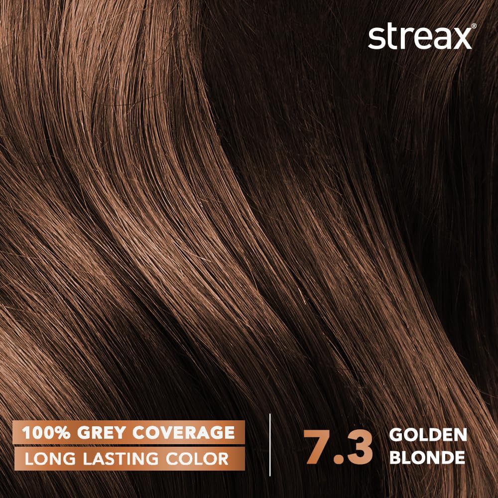 Streax Permanent Hair Colour, 100% Grey coverage, Infused with Argan and Walnut Oil, Long Lasting Cream Hair Colour for Women, Blonde hair Colour, 7.3 Golden Blonde