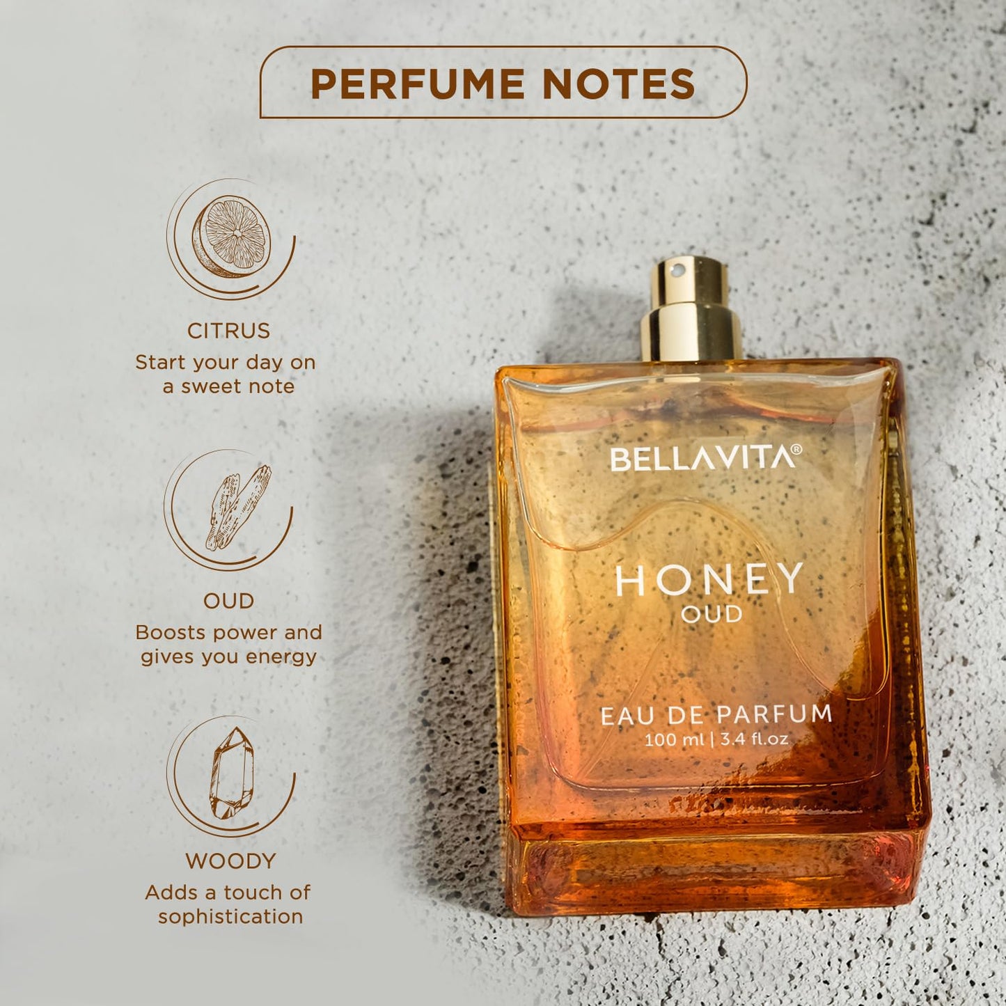 Bella Vita Luxury Honey Oud Long Lasting Perfume | Perfume for Man & Woman | EDP 100ml | Bergamot, Patchouli & Vanilla | Sweet, Woody & Spicy Premium Fragrance