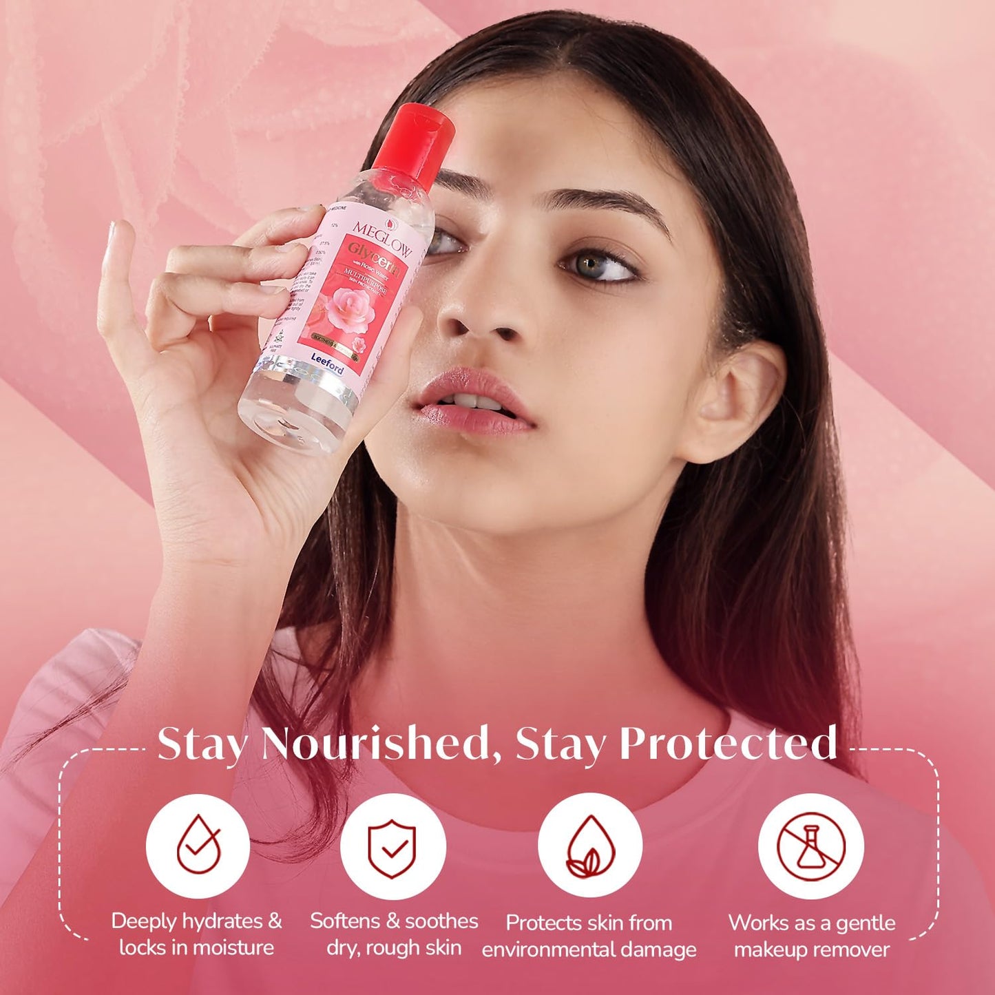 Meglow by Leeford | Glycerin with Rose Water | Rose Water for Face | Gulaab Jal for men & women | Cleanses, Hydrates & Moisturises Skin | Balances & Restores Skin's pH Levels - 100mL