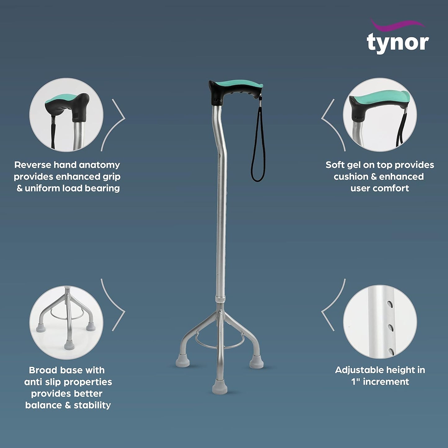 Tynor Walking Stick Tripod, Silver, Universal Size, 1 Unit