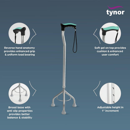 Tynor Walking Stick Tripod, Silver, Universal Size, 1 Unit