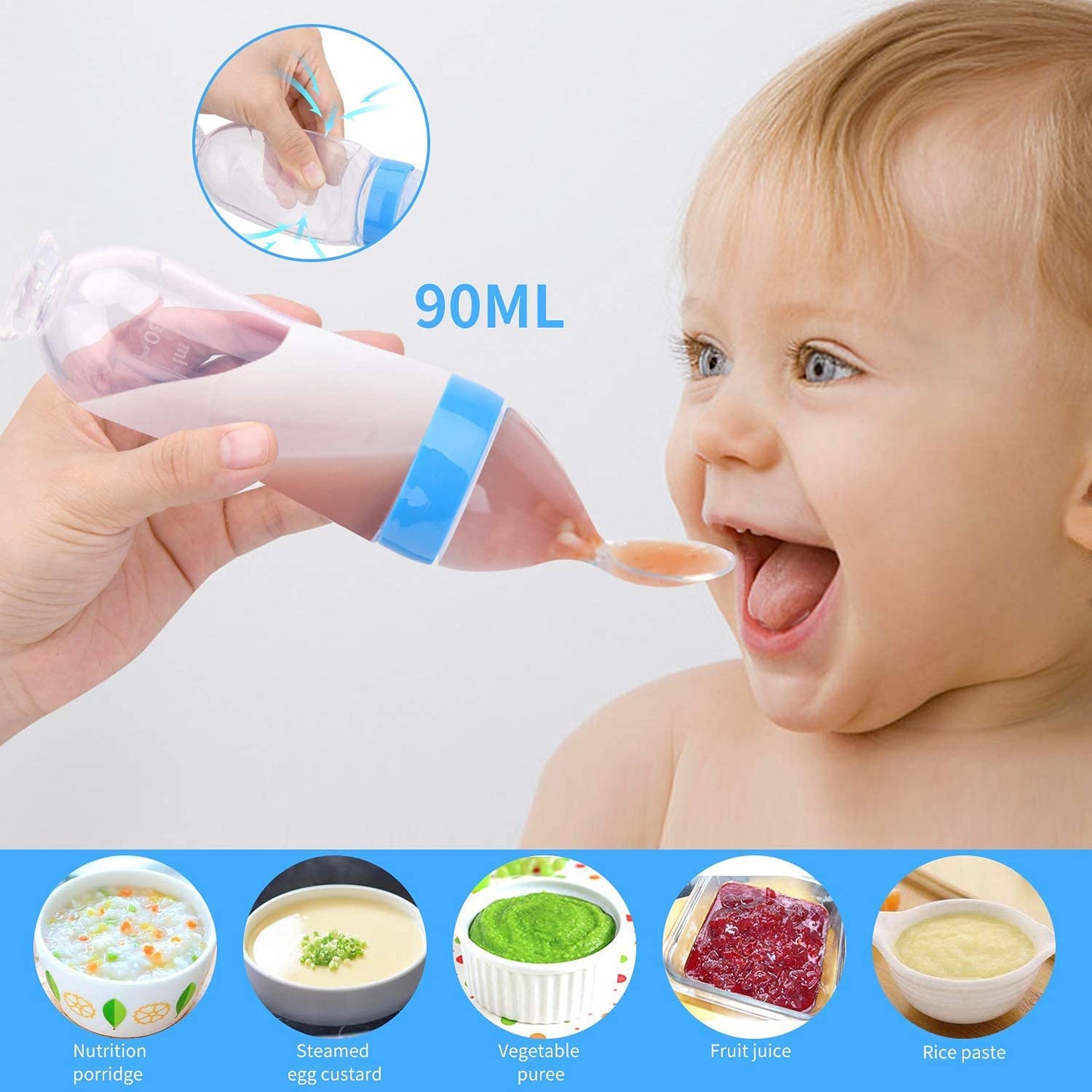 BabyGo Silicone Squeeze Feeder & Food Dispensing Spoon Combo | Easy Grip Infant Feeding Bottle with Fruit Pacifier Nibbler & Baby Teether Chew Toy