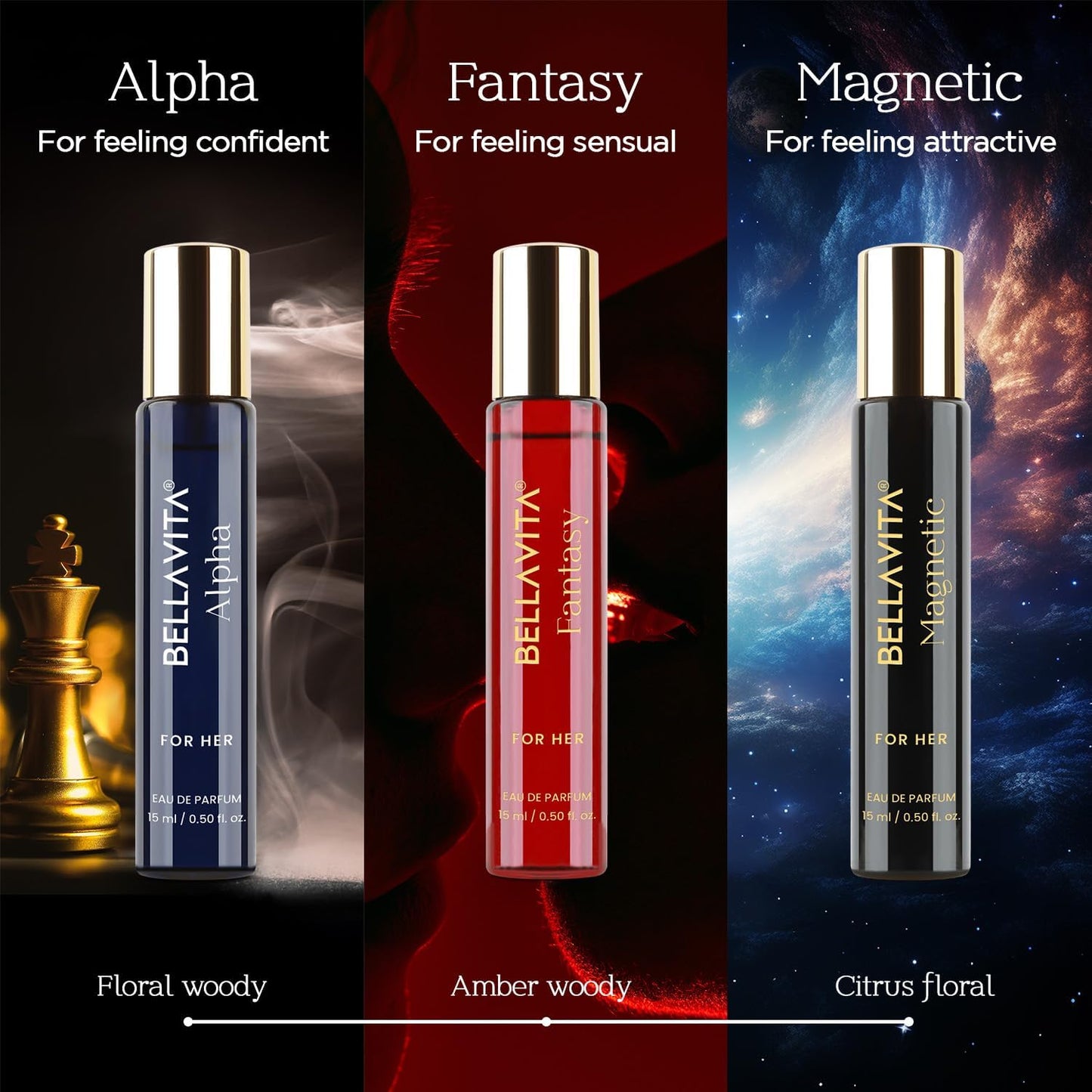 BELLAVITA Luxury Mood Collection Gift Set 3x15ML | Long Lasting EDP Perfume for Women | Alpha, Fantasy & Magnetic | Pink Pepper, Jasmine and Moss | Fruity, Floral Premium Fragrance for Woman