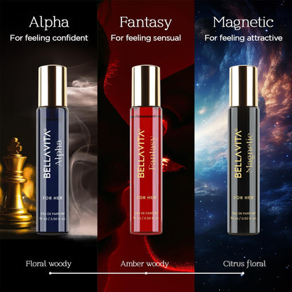 BELLAVITA Luxury Mood Collection Gift Set 3x15ML | Long Lasting EDP Perfume for Women | Alpha, Fantasy & Magnetic | Pink Pepper, Jasmine and Moss | Fruity, Floral Premium Fragrance for Woman