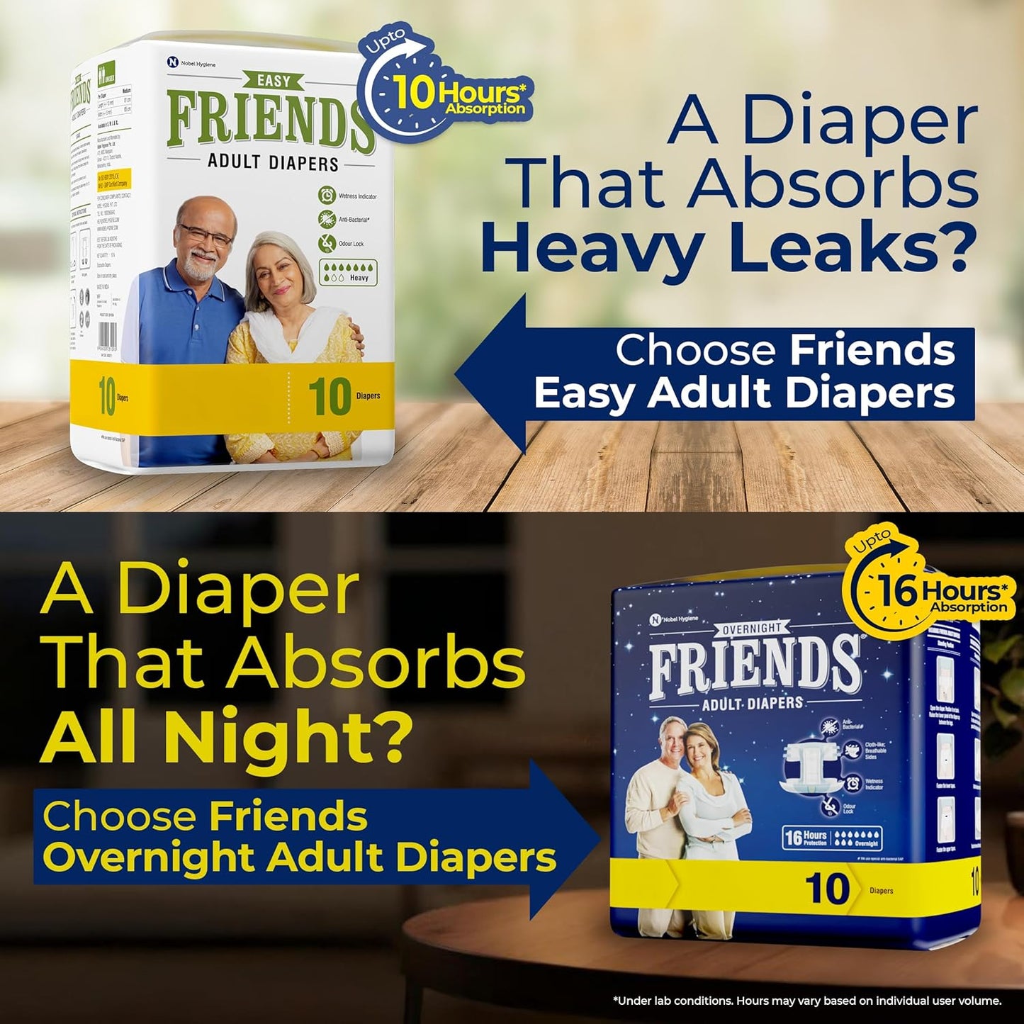 Friends Easy Adult Diapers Tape Style |10 Count (Large) | Waist 32.68-59.84 inch; 83-152 cm with odour lock | Unisex | Leakproof | Wetness Indicator and Anti-Bacterial Absorbent Core