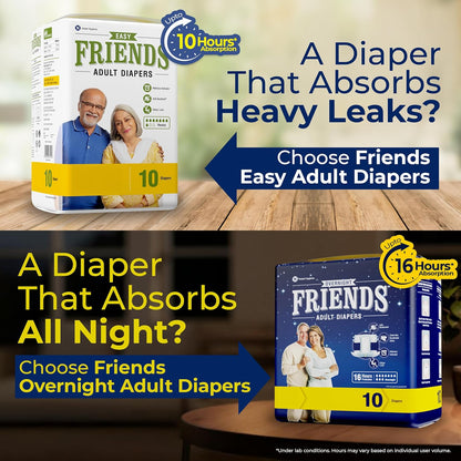 Friends Easy Adult Diapers Tape Style |10 Count (Large) | Waist 32.68-59.84 inch; 83-152 cm with odour lock | Unisex | Leakproof | Wetness Indicator and Anti-Bacterial Absorbent Core