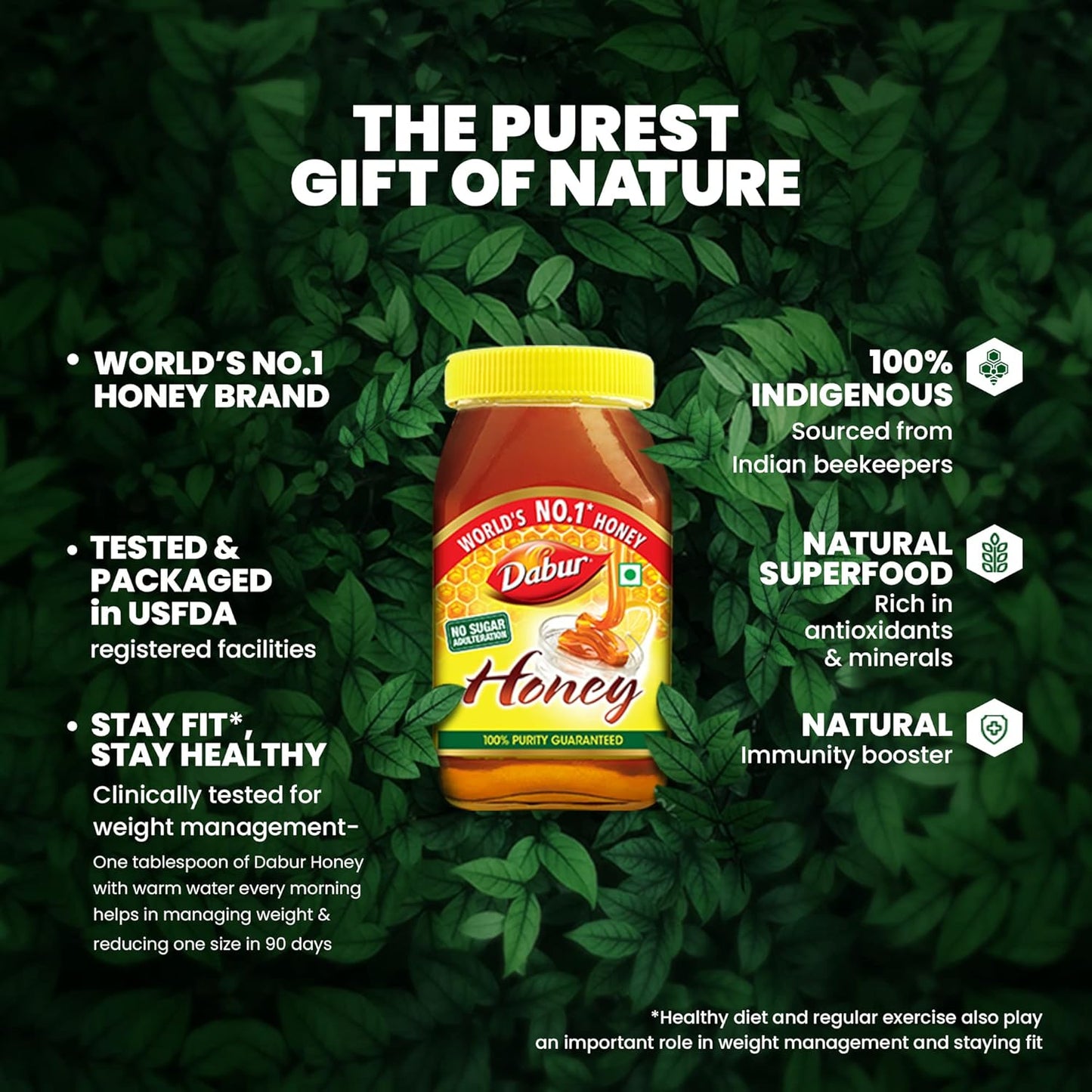 Dabur Honey - 250g | 100% Pure | World's No.1 Honey Brand with No Sugar Adulteration | For Fitness & Health | Natural Immunity Booster | 100% Indigenous | Rich in Antioxidants & Minerals