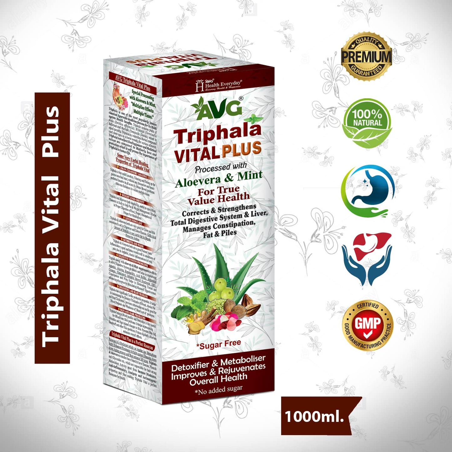 AVG Health Organics Triphala Vital Plus Colon Cleanser Tonic Processed with Aloevera and Mint, Manages Constipation, Fat and Piles (1000ml)