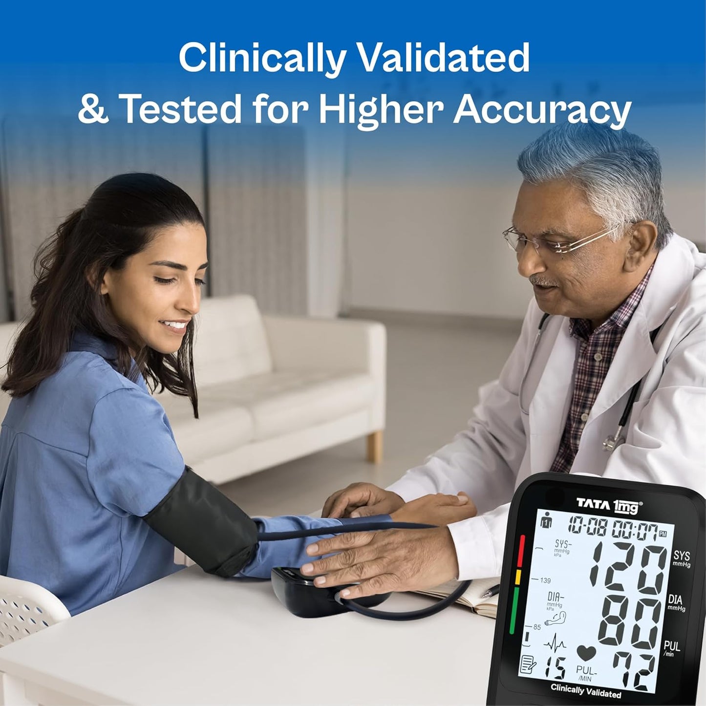 Tata 1mg Clinically Validated Blood Pressure Monitor| Gold Plated Microcontroller for High Precision| Arm Movement Detection Technology| Dual Power Option - USB Type C & AA Battery, Black