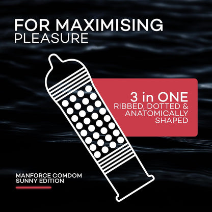 Manforce Sunny Edition Condoms | 10 pcs | Ribbed, Dotted & Anatomically Shaped Condoms | For Enhanced Pleasure of Both | India’s No. 1* Condom Brand for Safe Sex