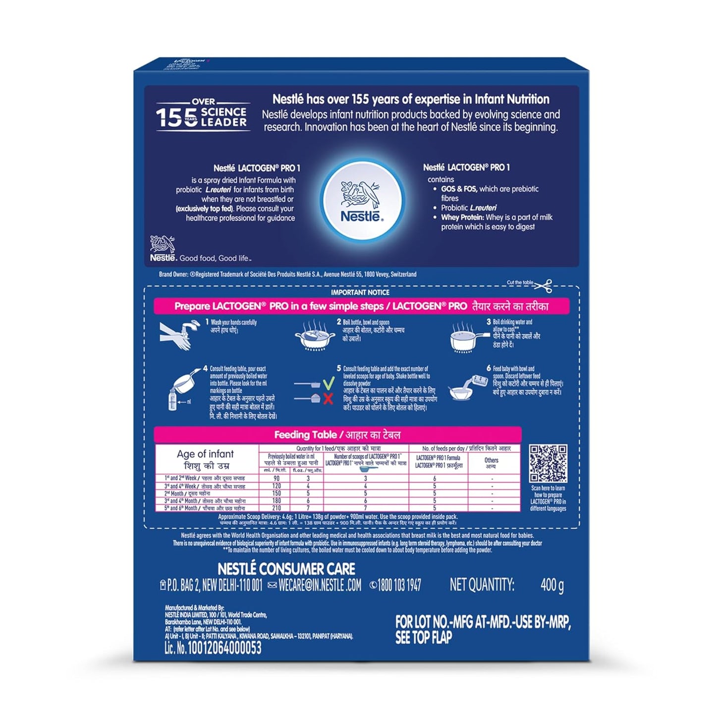 Lactogen Pro 1 Powder, Infant Formula Up To 6 Months With Probiotic And Prebiotics, Bag-In-Box Pack, 400g