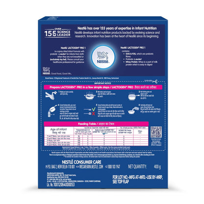 Lactogen Pro 1 Powder, Infant Formula Up To 6 Months With Probiotic And Prebiotics, Bag-In-Box Pack, 400g