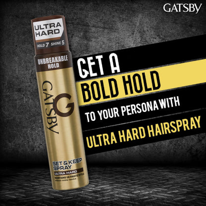 Gatsby Japan Set & Keep Hair Spray - Ultra Hard 250ml | Quick Drying, Long Lasting Hold, No Flaking, Natural Shine, & Easy Wash Off | Contains UV Ray Protector | Hair Spray For Salon Like Finish