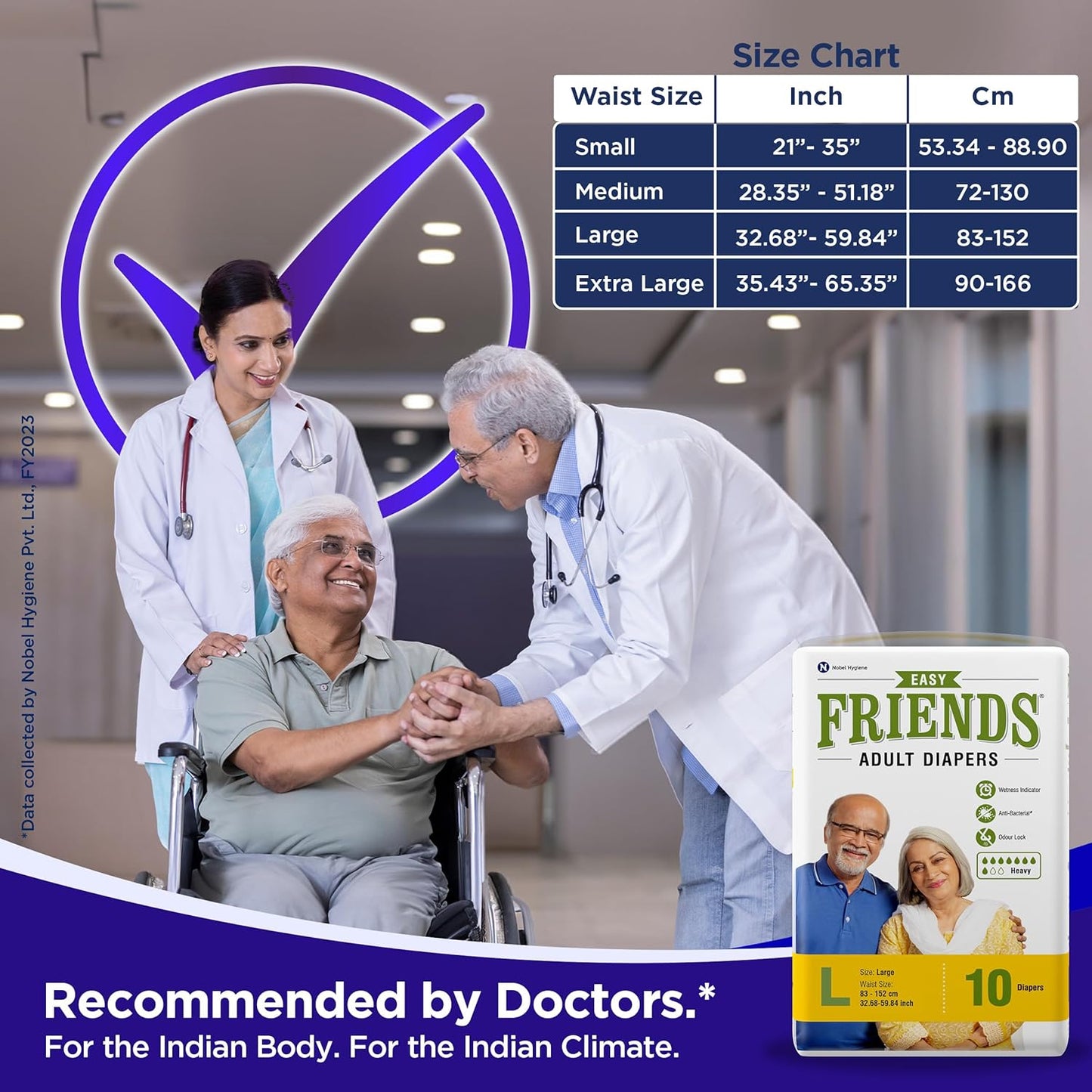 Friends Easy Adult Diapers Tape Style |10 Count (Large) | Waist 32.68-59.84 inch; 83-152 cm with odour lock | Unisex | Leakproof | Wetness Indicator and Anti-Bacterial Absorbent Core