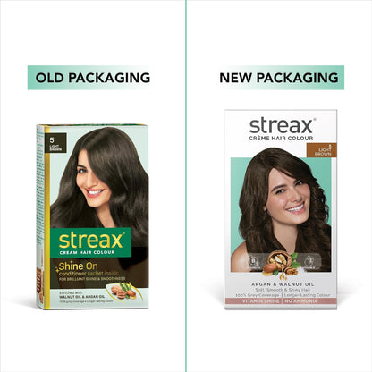 Streax Crème Permanent Hair Colour - 5 Light Brown Hair Color- 120 ml, 100% Grey coverage, Ammonia Free Hair Color, Long Lasting Hair colour for women