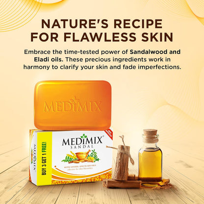 Medimix Sandal Ayurvedic Traditionally Made Bathing Bar Soap 125g (3 + 1 Combo Pack) | Infused with Sandal & Eladi Oil | Effective for Skin Blemish