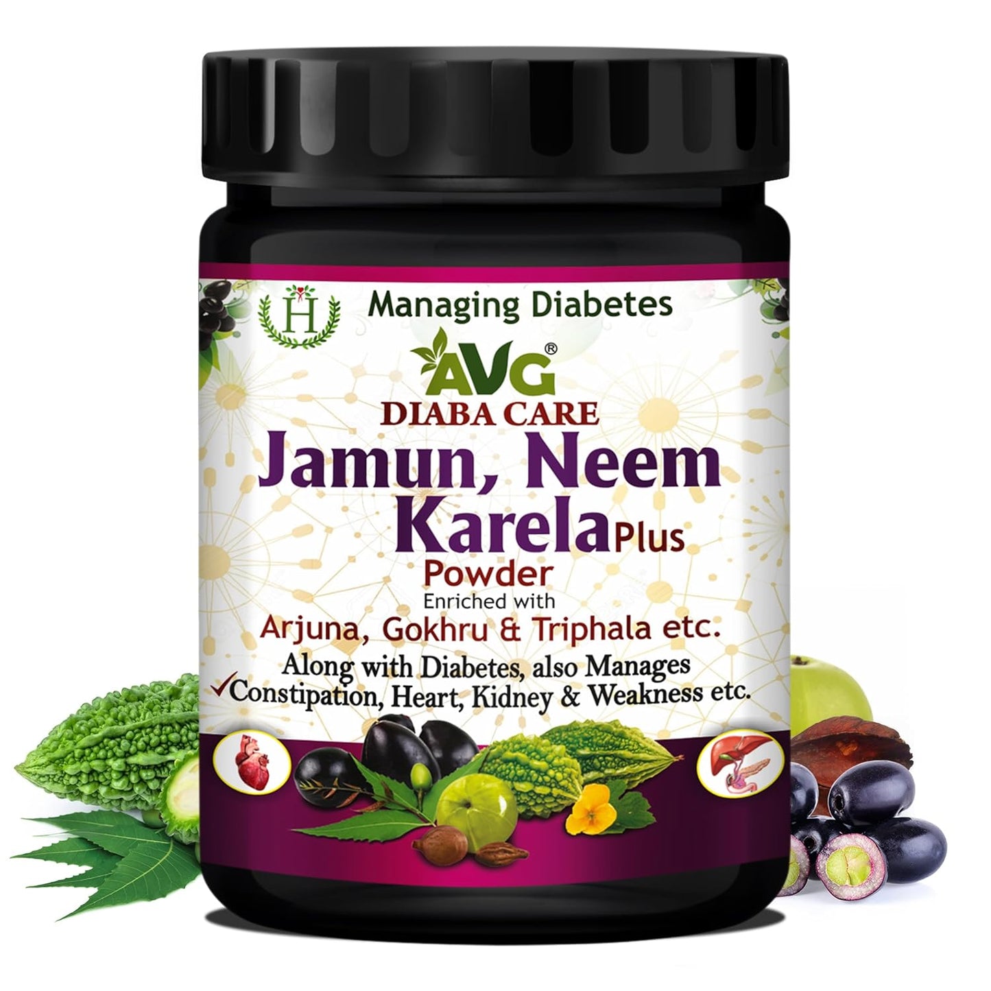 AVG Health Organics Diaba Care Karela Jamun Neem Powder 200gm each, Pack of 6, Diabetes Care Ayurvedic Supplement with Arjuna, Gokhru & Triphala
