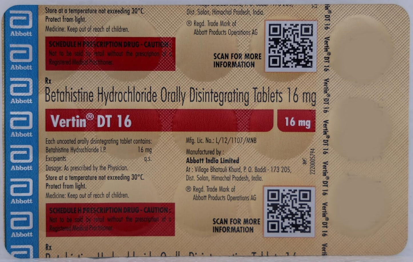 Vertin DT 16 - Strip of 15 Tablets