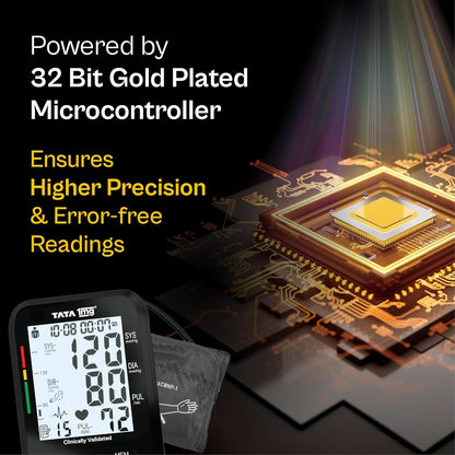 Tata 1mg Clinically Validated Blood Pressure Monitor| Gold Plated Microcontroller for High Precision| Arm Movement Detection Technology| Dual Power Option - USB Type C & AA Battery, Black