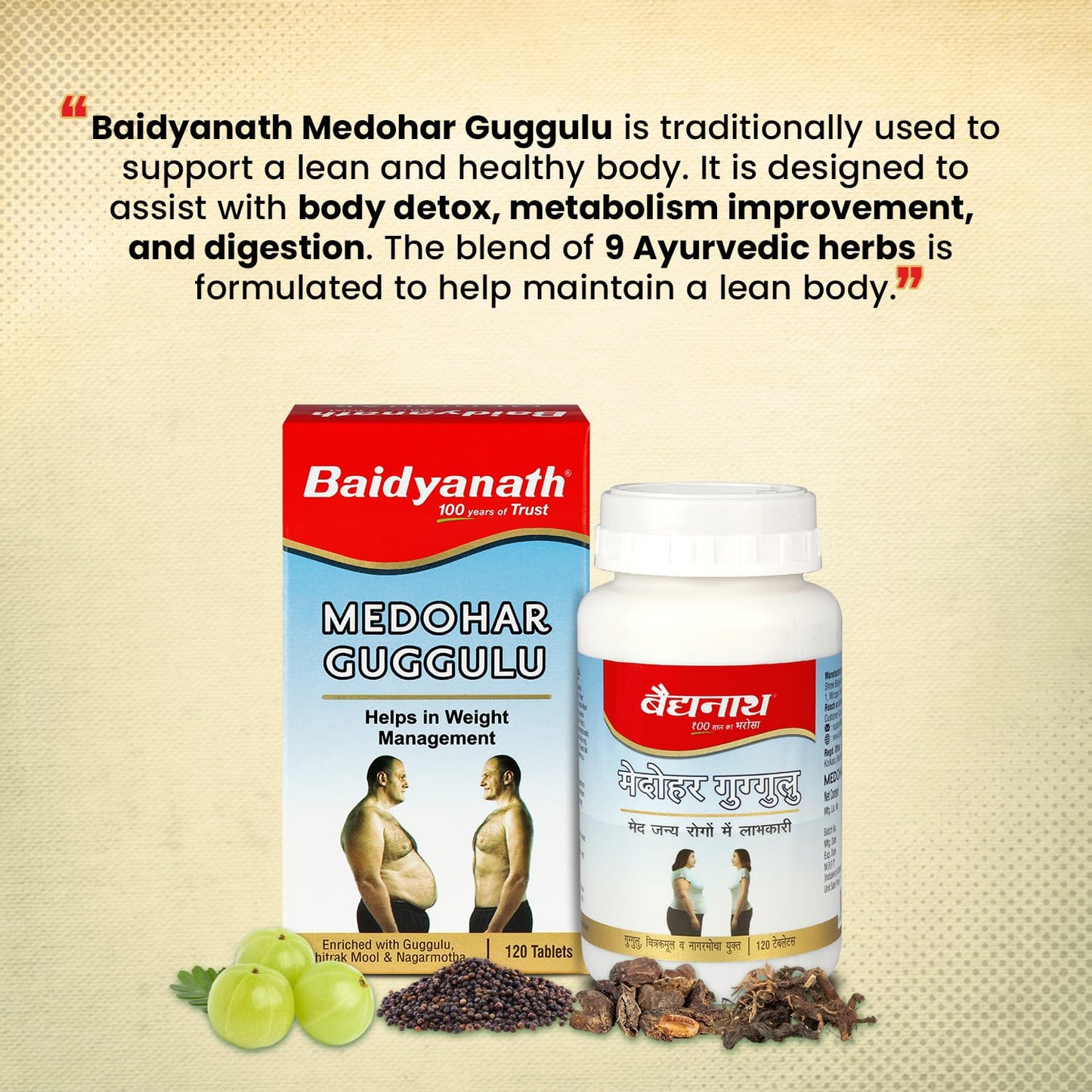 Baidyanath Ayurved Medohar Guggulu Tablets, Enriched with Guggulu, Chitrakmool and Nagarmotha- 120 Tab