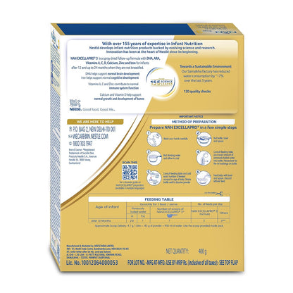 Nestlé NAN EXCELLAPRO Nan Stage 3 Follow-Up Formula Milk Powder For Babies, 12-24 months, With DHA, ARA, 400g Pouch in Box