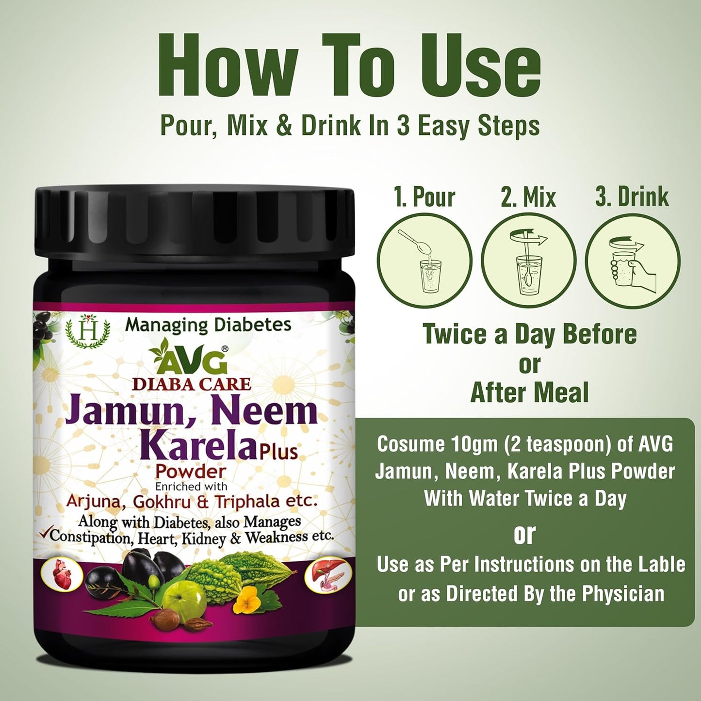AVG Health Organics Diaba Care Karela Jamun Neem Powder 200gm each, Pack of 6, Diabetes Care Ayurvedic Supplement with Arjuna, Gokhru & Triphala