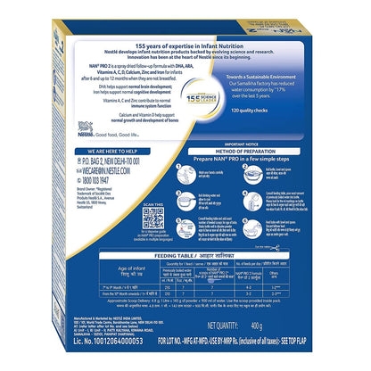 Nestlé NAN PRO 2 Follow-up Formula Powder - After 6 months, Up to 12 months, Stage 2, 400g Pouch in Box