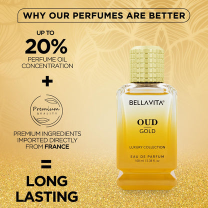 Bella Vita Luxury Oud Gold EDP 100ml Unisex Perfume for Men & Women | Caramel, Rose and Jasmine | Floral Long Lasting Fragrance for Man and Woman