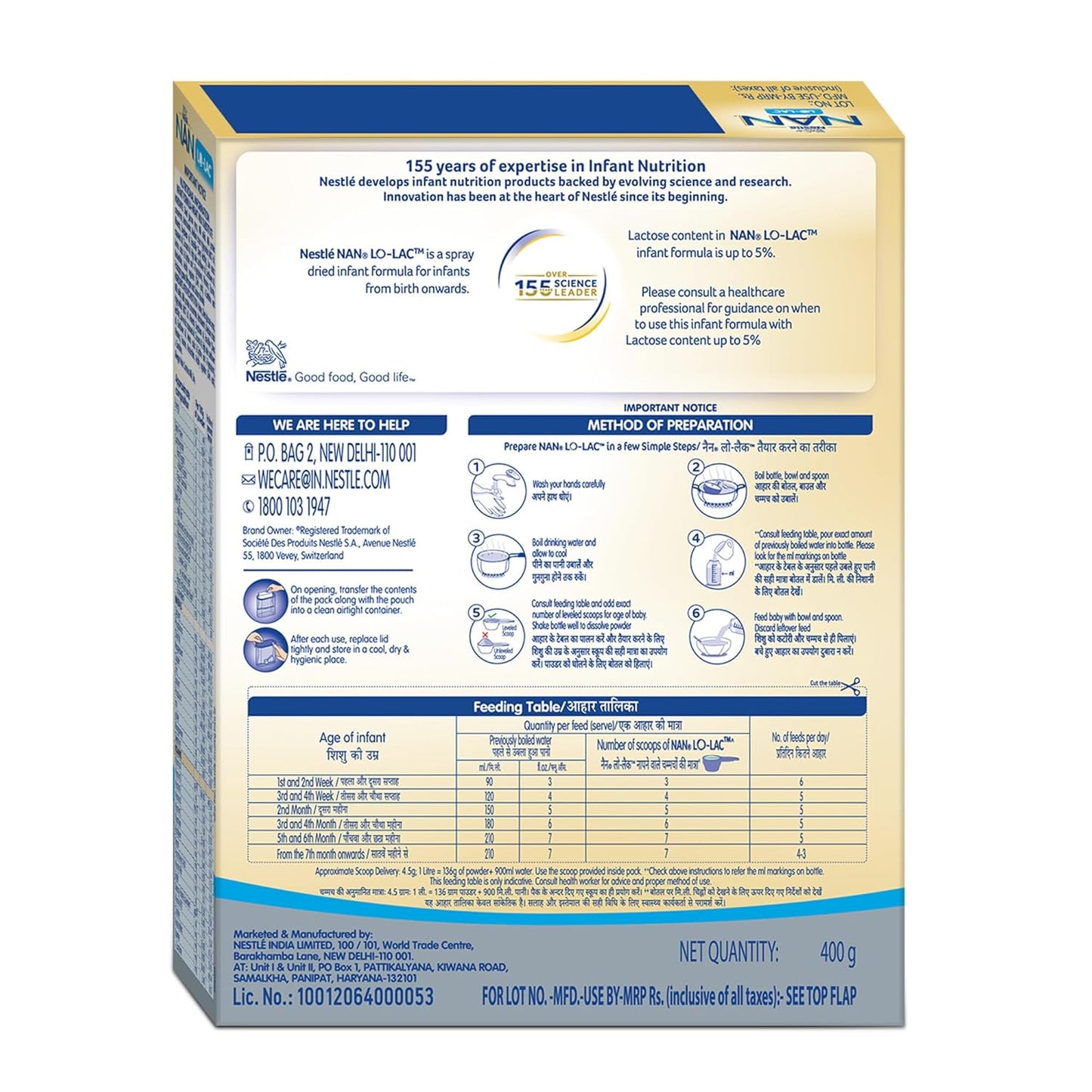 Nestlé NAN LO-LAC 400g | Infant Formula for infants from Birth Onwards | Bag-In-Box Pack, Powder