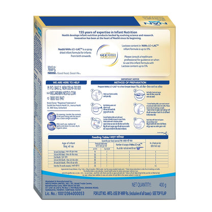 Nestlé NAN LO-LAC 400g | Infant Formula for infants from Birth Onwards | Bag-In-Box Pack, Powder