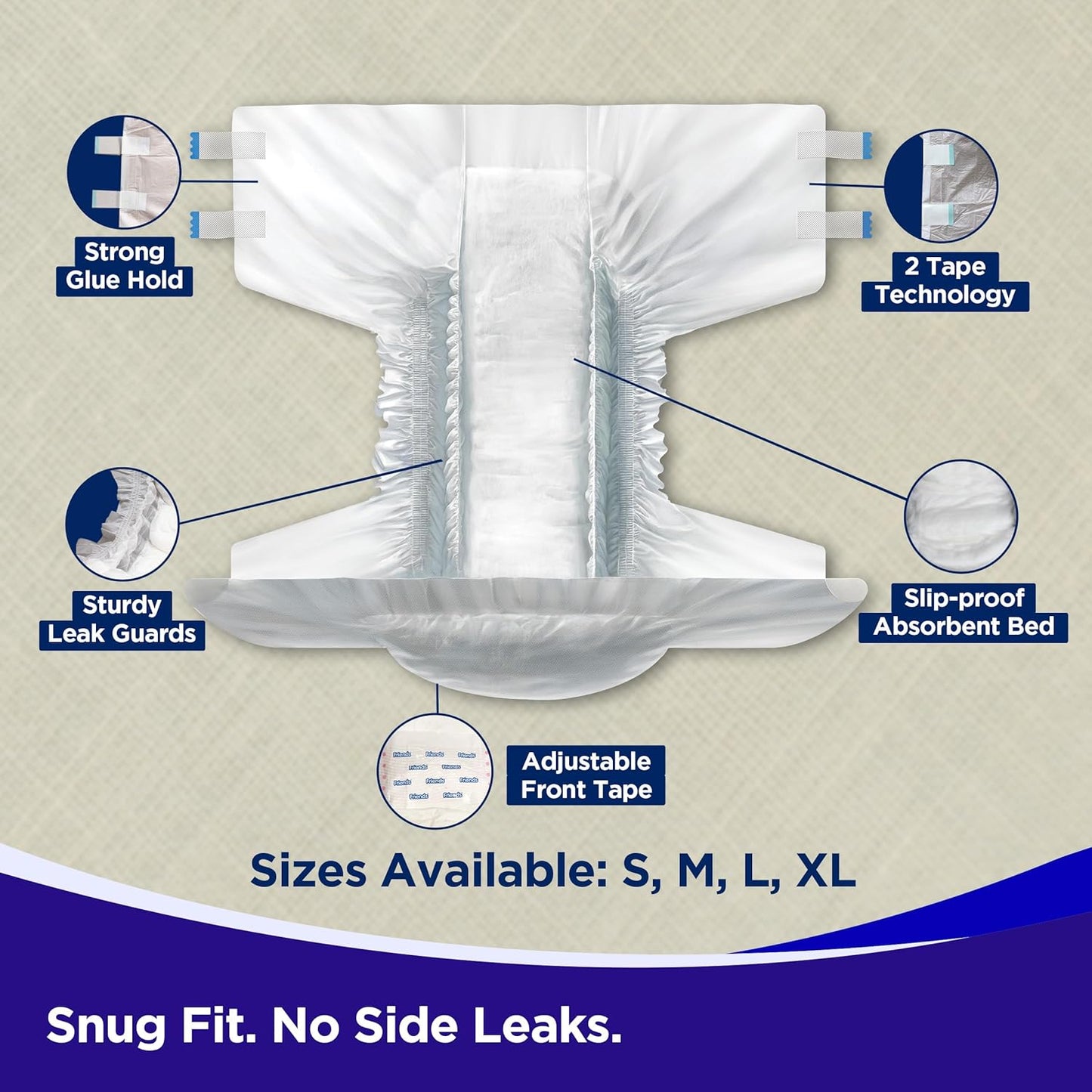 Friends Easy Adult Diapers Tape Style |10 Count (Large) | Waist 32.68-59.84 inch; 83-152 cm with odour lock | Unisex | Leakproof | Wetness Indicator and Anti-Bacterial Absorbent Core