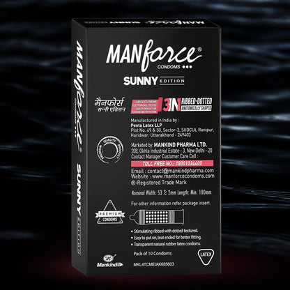 Manforce Sunny Edition Condoms | 10 pcs | Ribbed, Dotted & Anatomically Shaped Condoms | For Enhanced Pleasure of Both | India’s No. 1* Condom Brand for Safe Sex