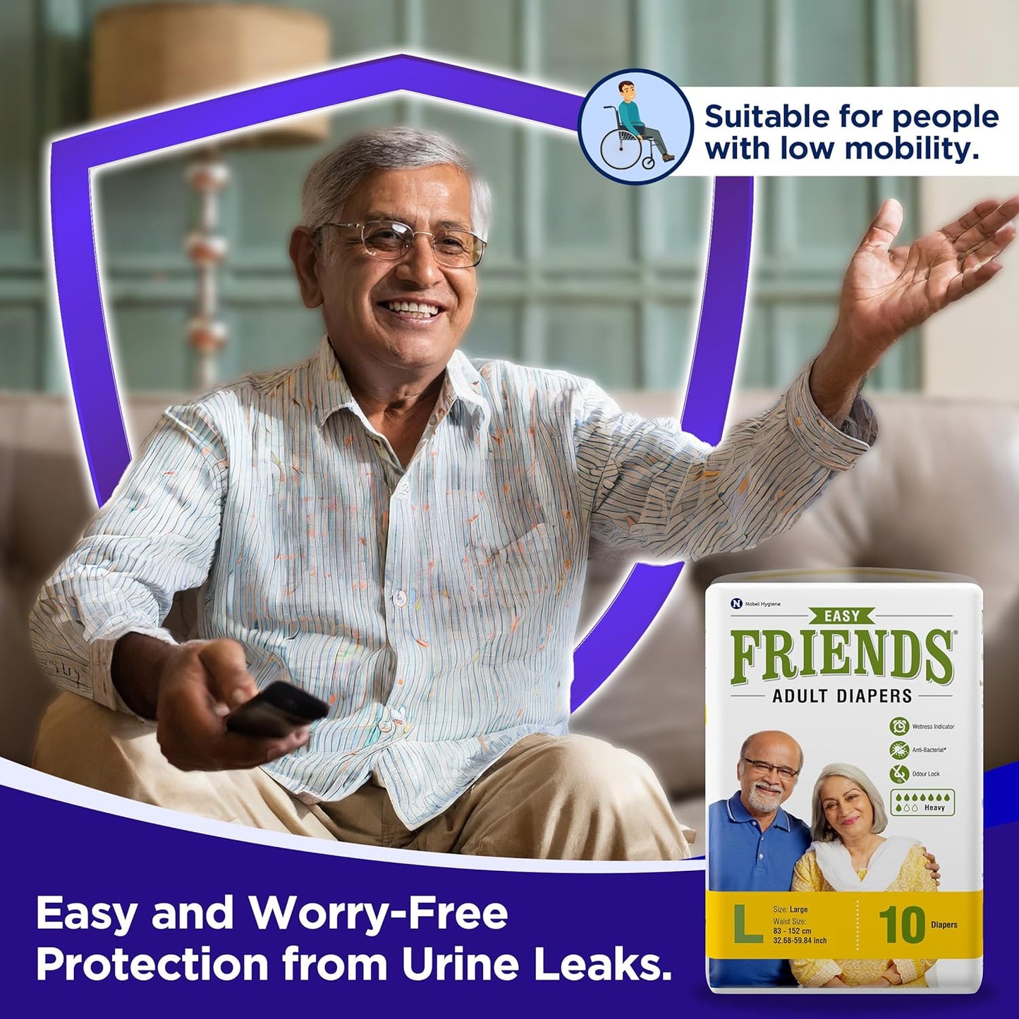 Friends Easy Adult Diapers Tape Style |10 Count (Large) | Waist 32.68-59.84 inch; 83-152 cm with odour lock | Unisex | Leakproof | Wetness Indicator and Anti-Bacterial Absorbent Core