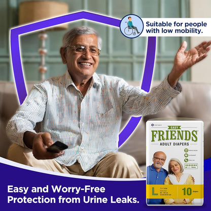 Friends Easy Adult Diapers Tape Style |10 Count (Large) | Waist 32.68-59.84 inch; 83-152 cm with odour lock | Unisex | Leakproof | Wetness Indicator and Anti-Bacterial Absorbent Core