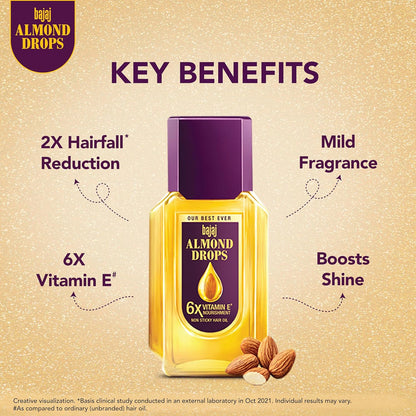 Bajaj Almond Drops Hair Oil, 300ml, 6X Vitamin E, Almond Oil, Light and Non Sticky, Hair Fall Control