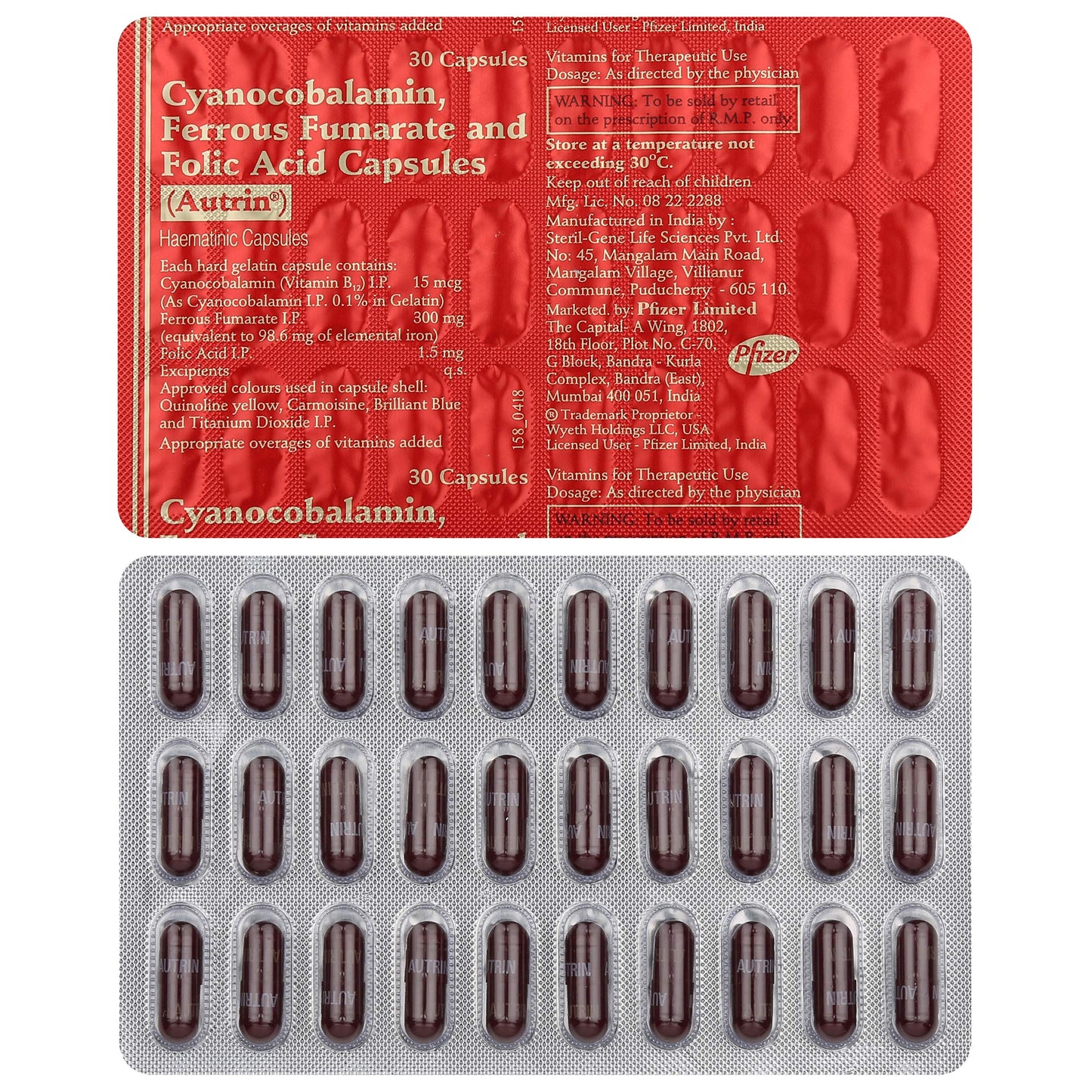 Autrin Hematinic Capsule with Cyanocobalamin, Iron & Folic Acid