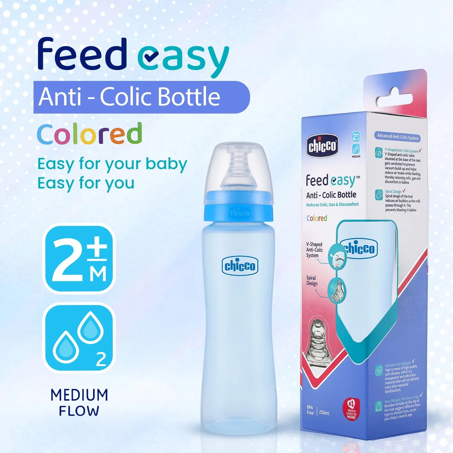 Feed Easy Baby Colored Bottle 250 ml Medium Flow 2M+