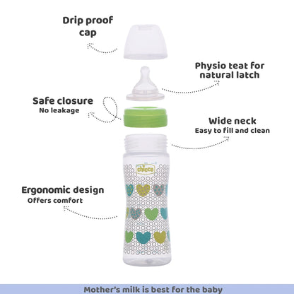 Well Being Medium Flow Baby Bottle 250ml 2M+ Green