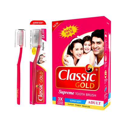 Classic Gold Supreme Super Soft Toothbrushes Pack Of 12 With New Anti Bacterial Crystal Clear Cap