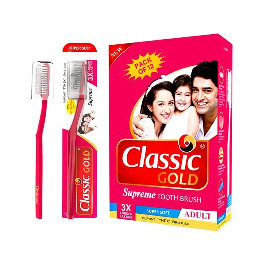 Classic Gold Supreme Super Soft Toothbrushes Pack Of 12 With New Anti Bacterial Crystal Clear Cap