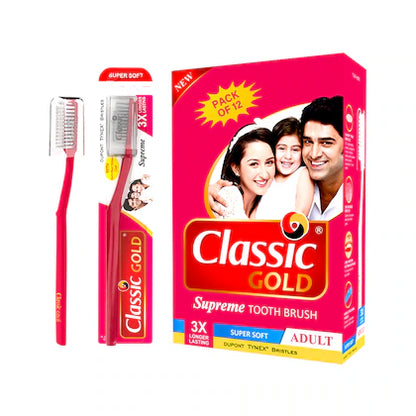 Classic Gold Supreme Super Soft Toothbrushes Pack Of 12 With New Anti Bacterial Crystal Clear Cap