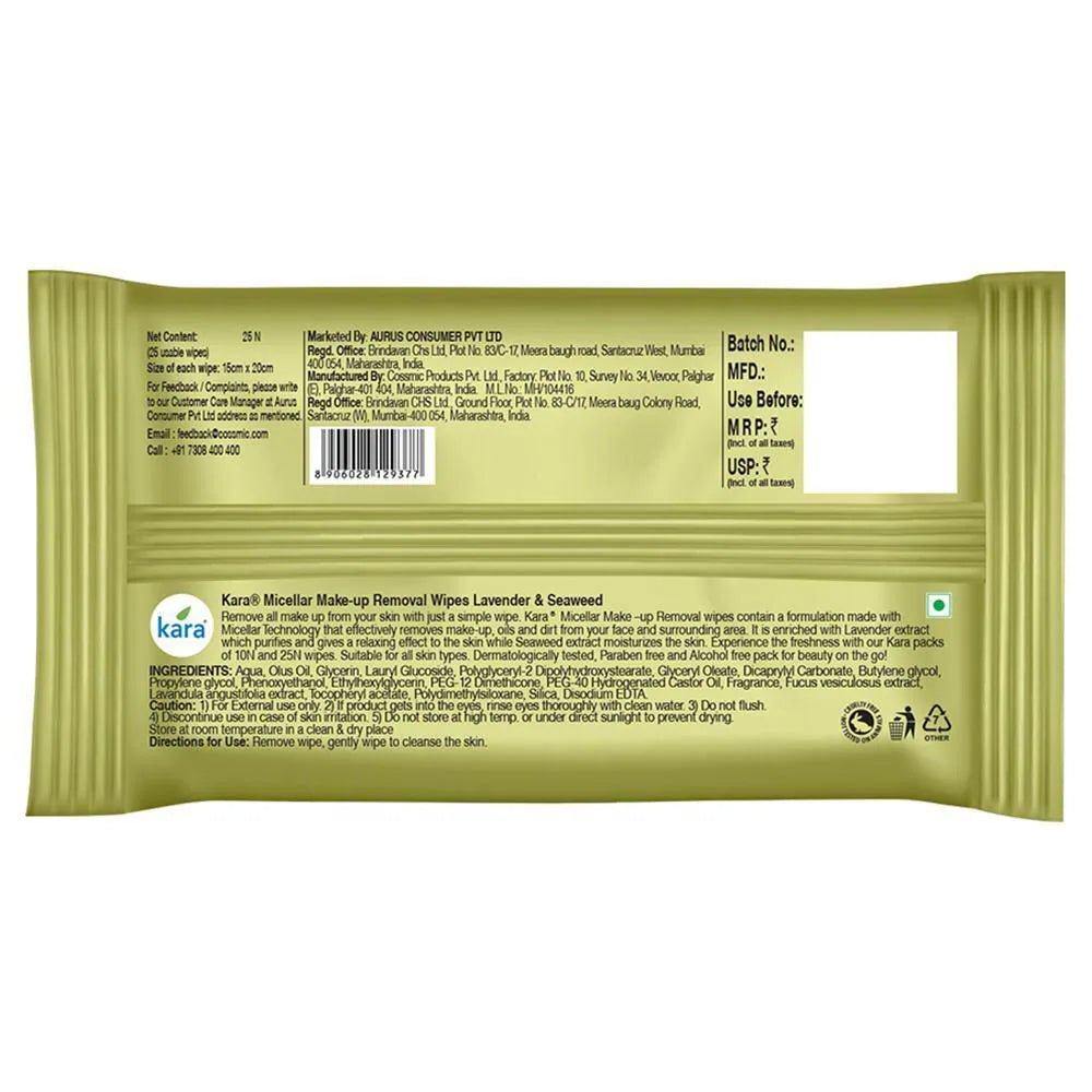 Kara Refresh Lavender & Seaweed Micellar Make Up Removal Wipes 25 pcs